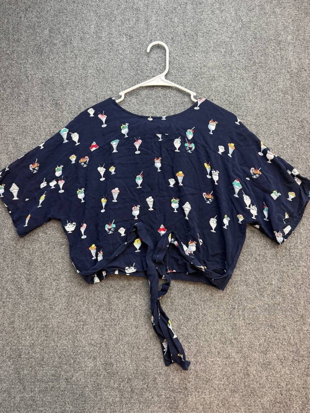 Zara Basic Collection Womens M Blue Ice Cream Print Tie Front Crop Blouse Top